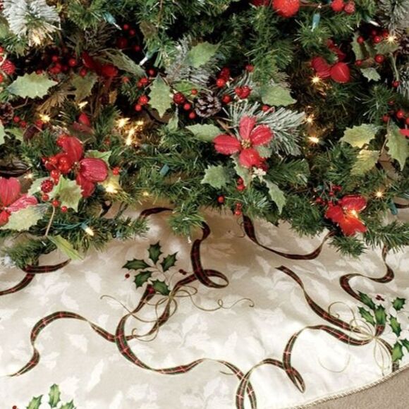 Lenox Holiday Christmas Tree Skirt 60" Diameter Holly & Ribbon - Picture 7 of 8